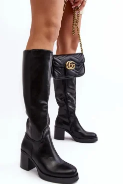 Outlet Boto Damskie Kozaki Ocieplane Na Słupku Czarne Theisen