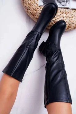 Sale Buty Sergio Leone Damskie Kozaki Płaski Obcas Sergio Leone Ocieplane Czarne KZ280