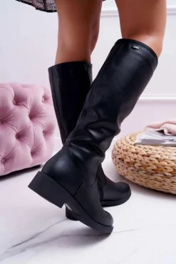 Sale Buty Sergio Leone Damskie Kozaki Płaski Obcas Sergio Leone Ocieplane Czarne KZ280