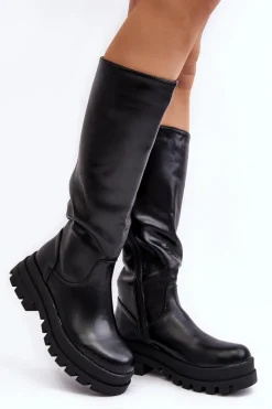 Damskie Kozaki Przed Kolano Na Grubej Podeszwie Czarne Beatrizia Damskie Kozaki Płaskie|Kozaki Przed Kolano