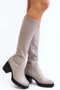 Hot Buty Sergio Leone Damskie Kozaki Przed Kolano Na Obcasie Ocieplane Szare Sislene