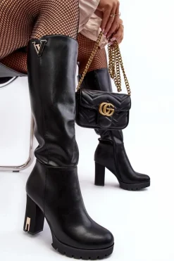 Discount Damskie Kozaki Przed Kolano Na Słupku Czarne Ceesina Damskie Kozaki Przed Kolano|Kozaki Na Obcasie