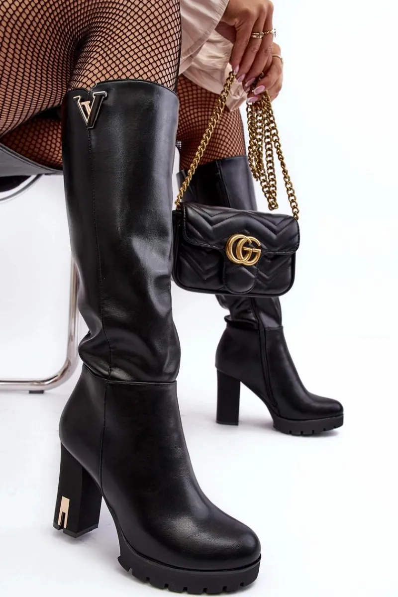 Discount Damskie Kozaki Przed Kolano Na Słupku Czarne Ceesina Damskie Kozaki Przed Kolano|Kozaki Na Obcasie