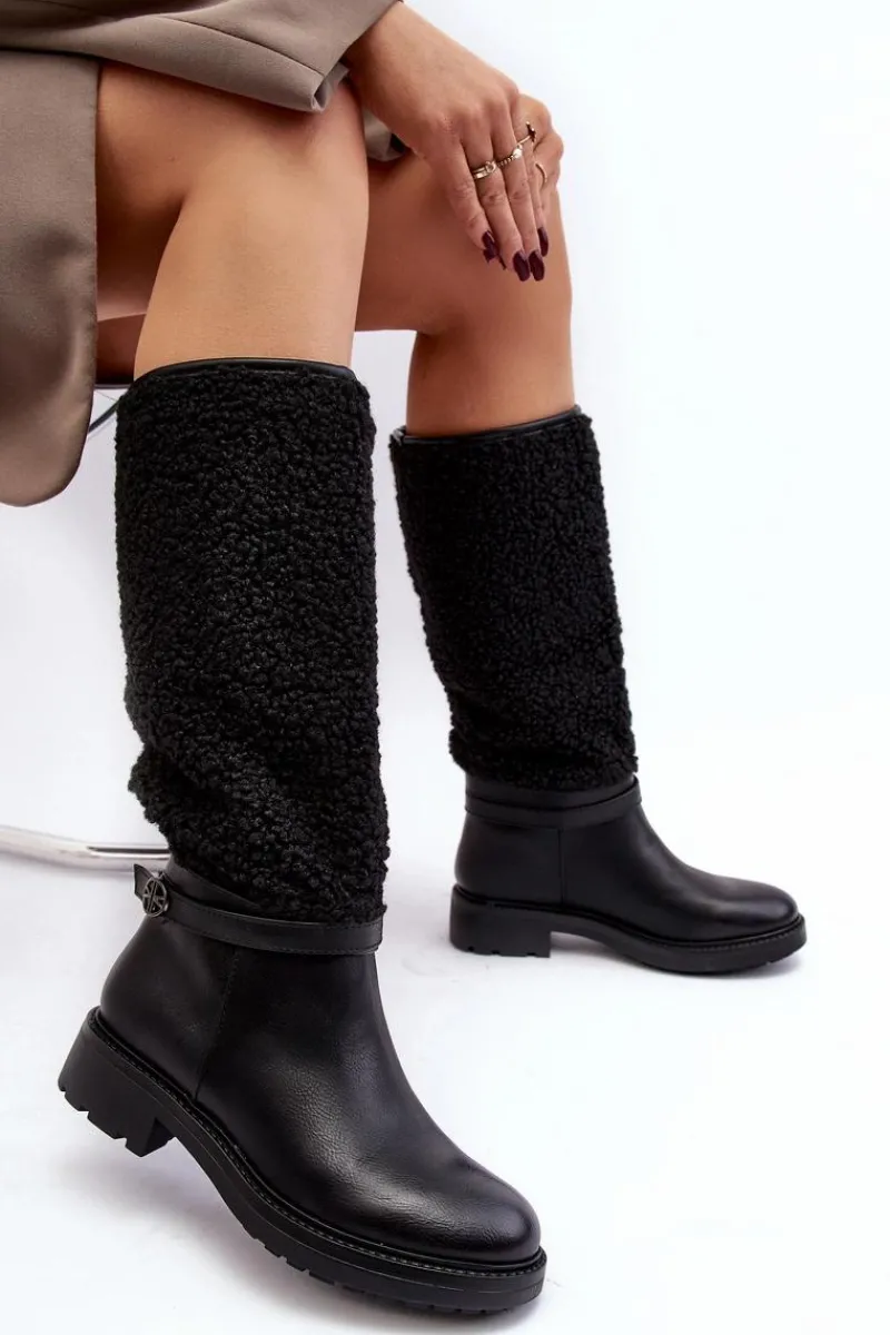 Boto Damskie Kozaki Przed Kolano Z Futerkiem Typu Baranek Czarne Bellama