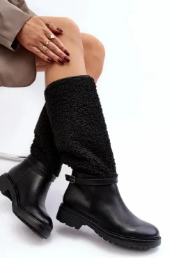 Boto Damskie Kozaki Przed Kolano Z Futerkiem Typu Baranek Czarne Bellama
