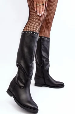 Discount Damskie Kozaki Przed Kolano Zdobione Ćwiekami Czarne Bevitis Damskie Kozaki Płaskie|Kozaki Przed Kolano