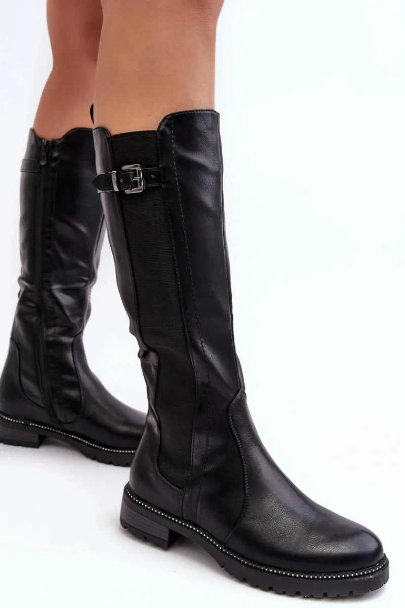 Kozaki Płaskie|Kozaki Przed Kolano>Evento Damskie Kozaki Przed Kolano Na Płaskim Obcasie Czarne Klemmo