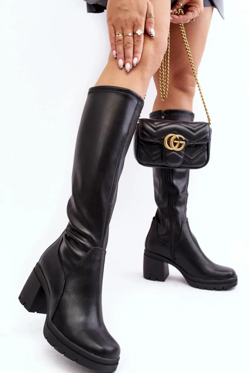 Hot Damskie Kozaki Przed Kolano Na Obcasie Ocieplane Czarne Sislene Damskie Kozaki Przed Kolano|Kozaki Na Obcasie