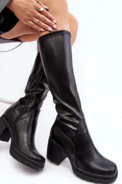 Hot Damskie Kozaki Przed Kolano Na Obcasie Ocieplane Czarne Sislene Damskie Kozaki Przed Kolano|Kozaki Na Obcasie