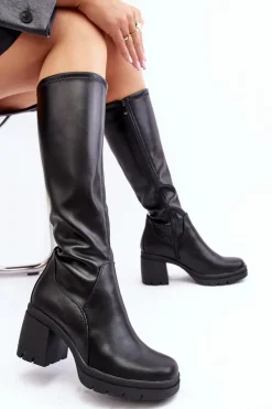 Hot Damskie Kozaki Przed Kolano Na Obcasie Ocieplane Czarne Sislene Damskie Kozaki Przed Kolano|Kozaki Na Obcasie