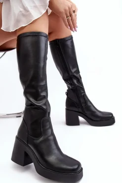 Online Damskie Kozaki Przed Kolano Na Masywnym Słupku D&A SN622-10 Czarne Damskie Kozaki Na Słupku|Kozaki Przed Kolano