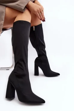 New Damskie Kozaki Przed Kolano Na Słupku Czarne Fatuma Damskie Kozaki Przed Kolano|Kozaki Na Obcasie