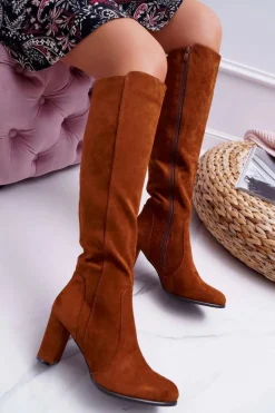 Hot Damskie Kozaki Sergio Leone Zamszowe Camel KZ275 Damskie Kozaki Na Obcasie|Kozaki Zamszowe