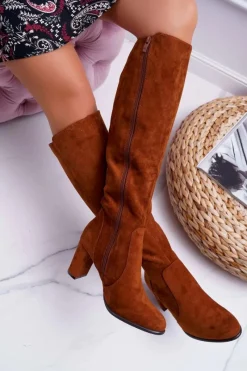 Hot Damskie Kozaki Sergio Leone Zamszowe Camel KZ275 Damskie Kozaki Na Obcasie|Kozaki Zamszowe