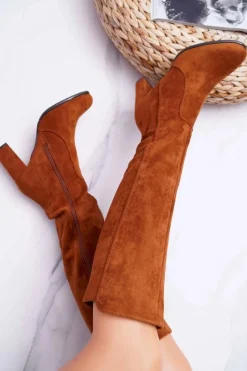 Hot Damskie Kozaki Sergio Leone Zamszowe Camel KZ275 Damskie Kozaki Na Obcasie|Kozaki Zamszowe