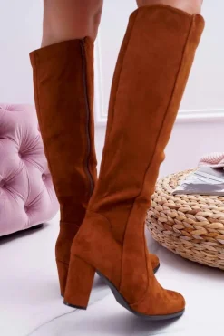 Hot Damskie Kozaki Sergio Leone Zamszowe Camel KZ275 Damskie Kozaki Na Obcasie|Kozaki Zamszowe