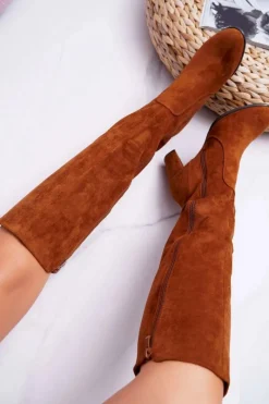 Hot Damskie Kozaki Sergio Leone Zamszowe Camel KZ275 Damskie Kozaki Na Obcasie|Kozaki Zamszowe