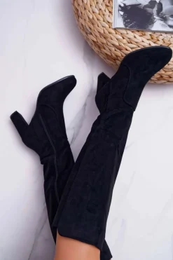 Kozaki Na Obcasie|Kozaki Zamszowe>Buty Sergio Leone Damskie Kozaki Sergio Leone Zamszowe Czarne KZ275