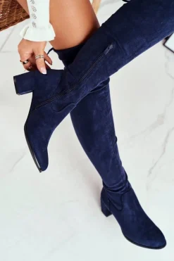 Outlet Damskie kozaki Sergio Leone lycra granatowe KZ281 Damskie Kozaki Wiosenne|Kozaki Na Obcasie