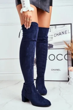 Outlet Damskie kozaki Sergio Leone lycra granatowe KZ281 Damskie Kozaki Wiosenne|Kozaki Na Obcasie