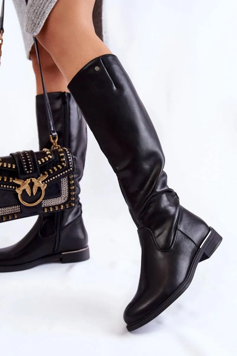 Hot Buty Sergio Leone Damskie Kozaki Skórzane Na Płaskim Obcasie Czarne Asturio