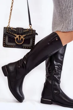 Hot Buty Sergio Leone Damskie Kozaki Skórzane Na Płaskim Obcasie Czarne Asturio