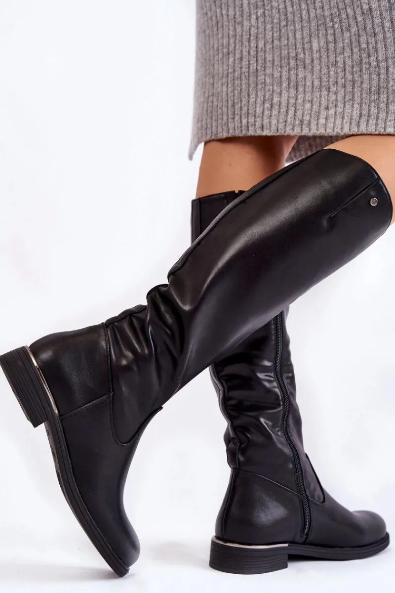 Hot Buty Sergio Leone Damskie Kozaki Skórzane Na Płaskim Obcasie Czarne Asturio