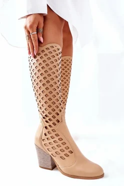 Kozaki Wiosenne|Kozaki Przed Kolano></noscript>Boto Damskie Kozaki Z Ażurowym Wzorem Beżowe Verben