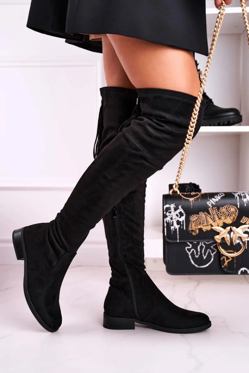 Outlet Boto Damskie Kozaki Za Kolano Zamszowe Czarne Rebecca