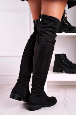 Outlet Boto Damskie Kozaki Za Kolano Zamszowe Czarne Rebecca