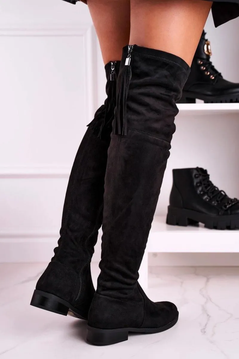 Outlet Boto Damskie Kozaki Za Kolano Zamszowe Czarne Rebecca