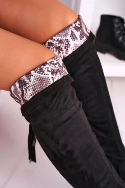 Outlet Boto Damskie Kozaki Za Kolano Zamszowe Czarne Rebecca