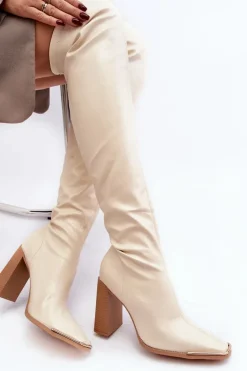 Outlet Damskie Kozaki Za kolano Na Słupku Ekoskóra Beżowe Orcella Damskie Muszkieterki|Kozaki Za Kolano