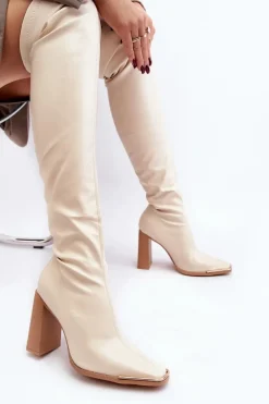 Outlet Damskie Kozaki Za kolano Na Słupku Ekoskóra Beżowe Orcella Damskie Muszkieterki|Kozaki Za Kolano