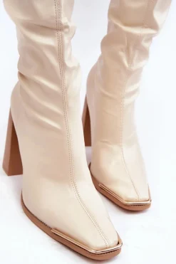 Outlet Damskie Kozaki Za kolano Na Słupku Ekoskóra Beżowe Orcella Damskie Muszkieterki|Kozaki Za Kolano