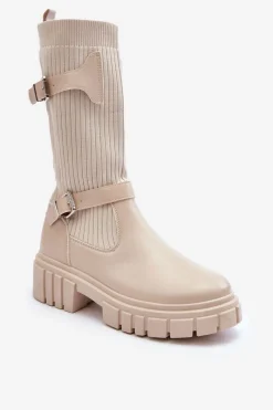 Kozaki Wiosenne|Kozaki Płaskie>Boto Damskie Kozaki Ze Skarpetą Beżowe Abroze