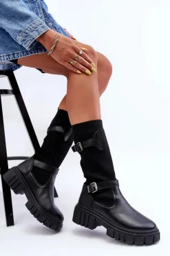 Best Boto Damskie Kozaki Ze Skarpetą Czarne Abroze Czarny