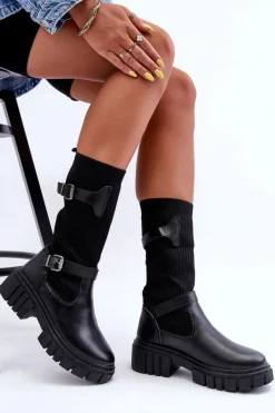 Best Boto Damskie Kozaki Ze Skarpetą Czarne Abroze Czarny