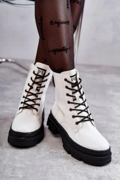 Hot Damskie Lakierowane Botki Workery Sznurowane Białe Conny Damskie Botki Sznurowane|Botki Zimowe Damskie