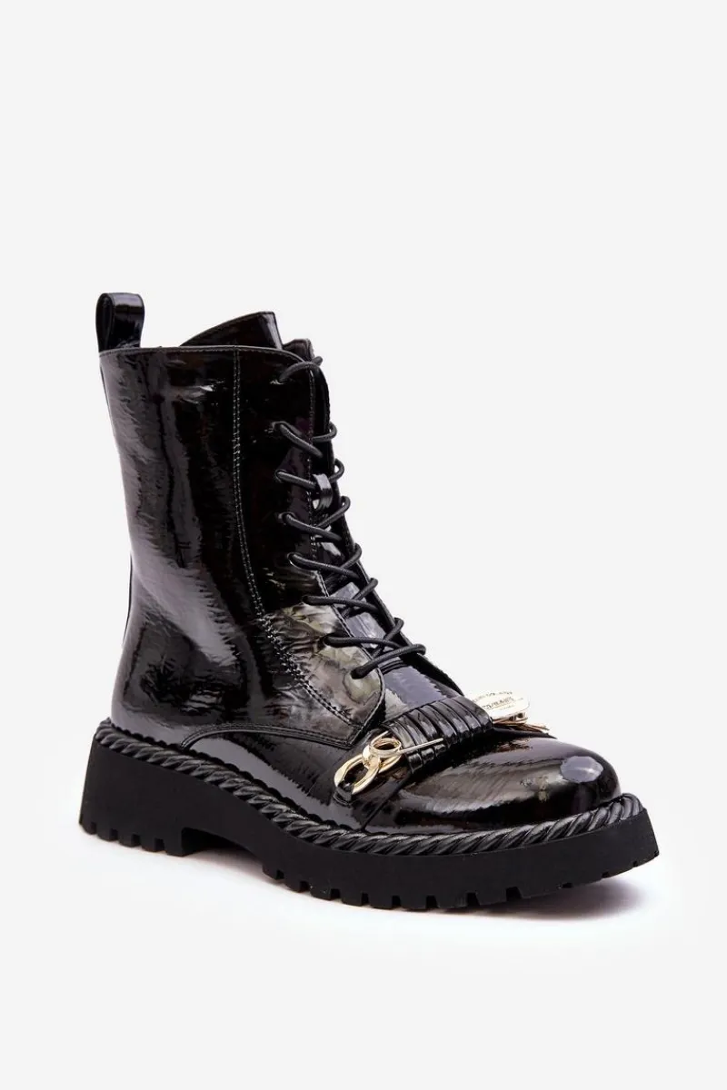 Best Damskie buty S.Barski Damskie Lakierowane Botki Workery Z Ozdobą Czarne S.Barski MR870-67
