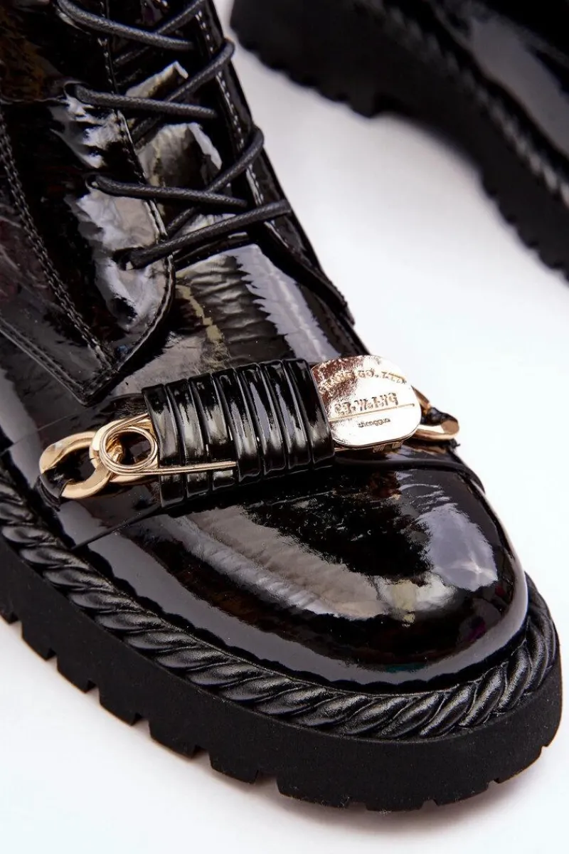 Best Damskie buty S.Barski Damskie Lakierowane Botki Workery Z Ozdobą Czarne S.Barski MR870-67