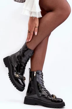 Best Damskie buty S.Barski Damskie Lakierowane Botki Workery Z Ozdobą Czarne S.Barski MR870-67