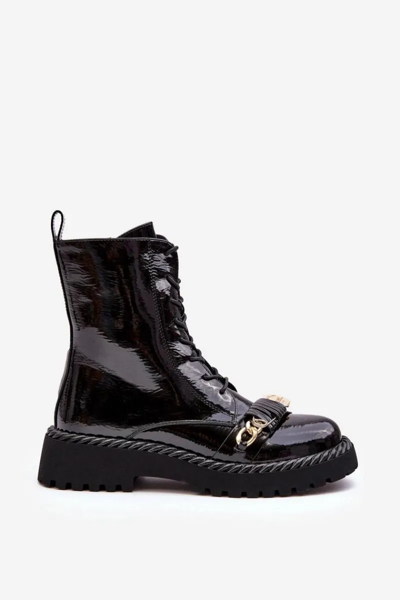 Best Damskie buty S.Barski Damskie Lakierowane Botki Workery Z Ozdobą Czarne S.Barski MR870-67