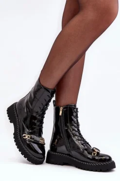 Best Damskie buty S.Barski Damskie Lakierowane Botki Workery Z Ozdobą Czarne S.Barski MR870-67