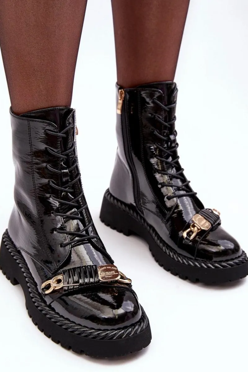 Best Damskie buty S.Barski Damskie Lakierowane Botki Workery Z Ozdobą Czarne S.Barski MR870-67