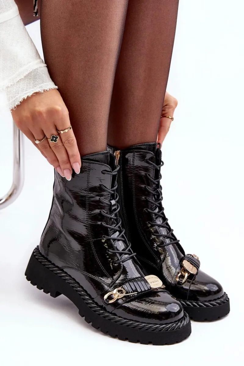 Best Damskie buty S.Barski Damskie Lakierowane Botki Workery Z Ozdobą Czarne S.Barski MR870-67