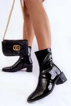 Sale Damskie Lakierowane Botki Na Obcasie Vinceza 23-10791 Czarne Damskie Czarne Botki|Botki Zimowe Damskie