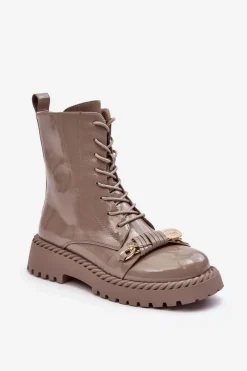 Online Damskie buty S.Barski Damskie Lakierowane Botki Workery Z Ozdobą Beżowe S.Barski MR870-67 Beżowy