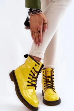 Botki Sznurowane|Botki Płaskie>GOE Damskie Lakierowane Botki Ocieplane II2N4054 Żółte