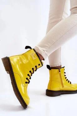 Botki Sznurowane|Botki Płaskie></noscript>GOE Damskie Lakierowane Botki Ocieplane II2N4054 Żółte